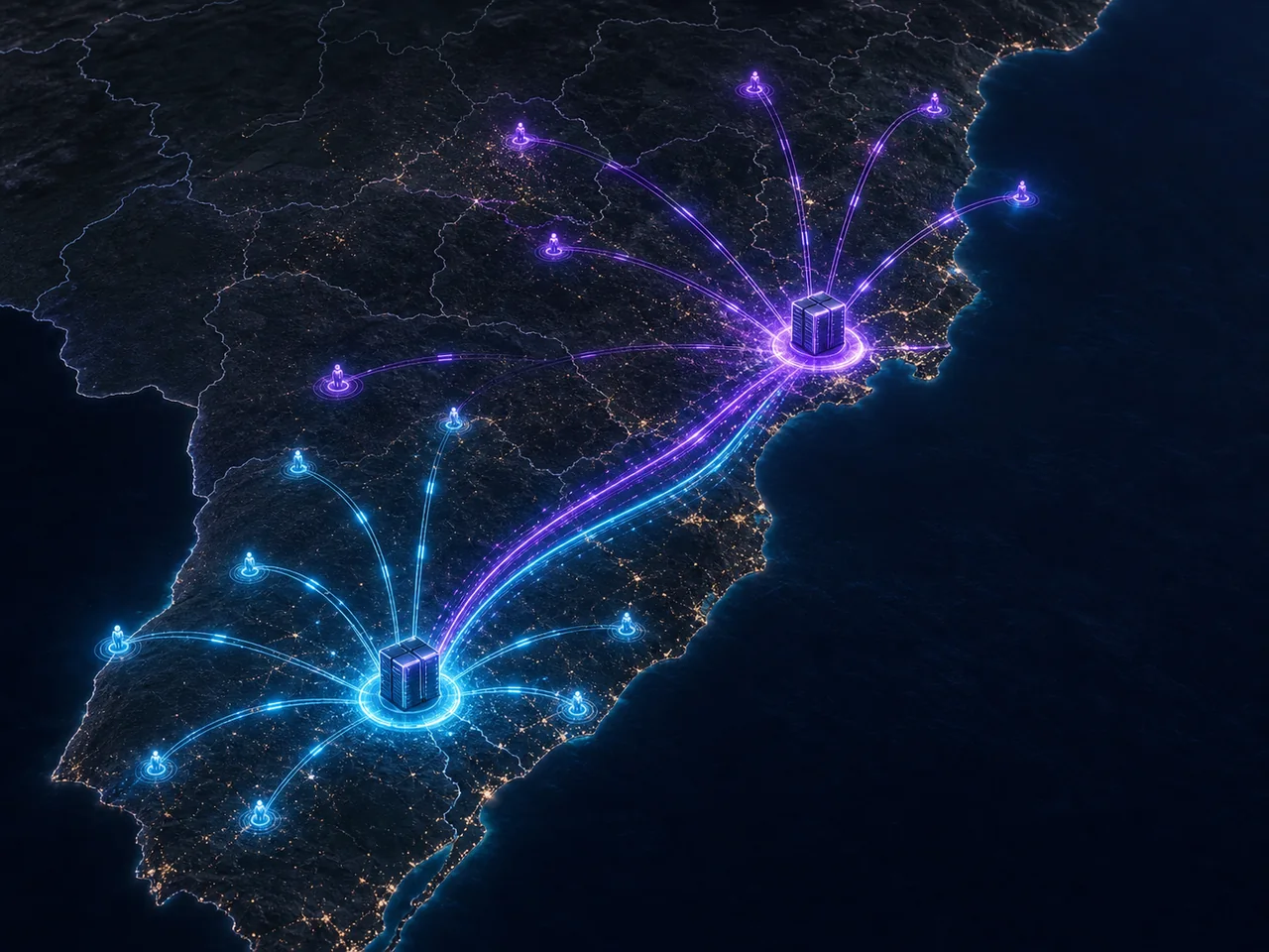 Mapa do Brasil com rotas de rede conectando datacenters no Sul e Sudeste