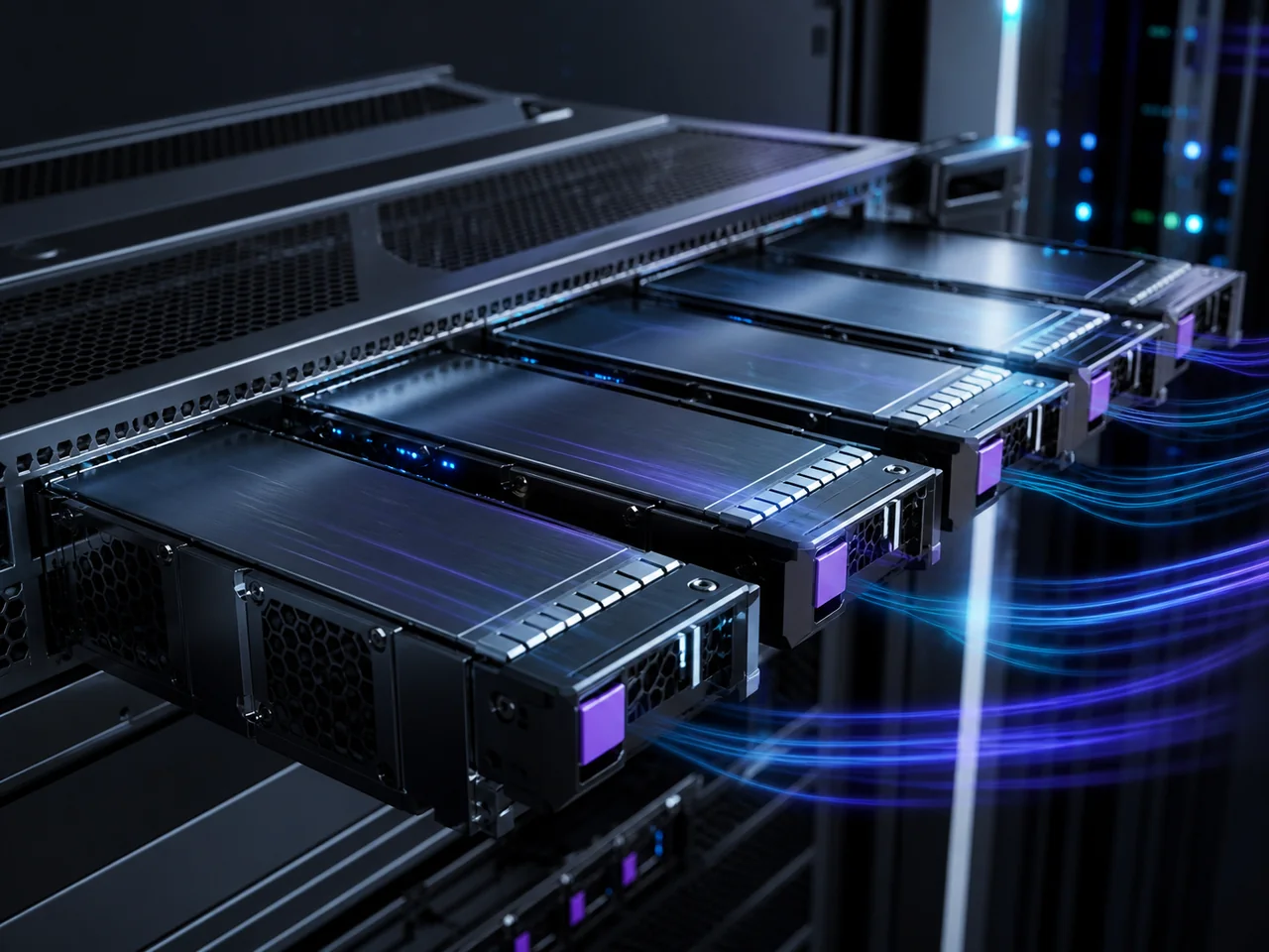 Unidades NVMe instaladas em um servidor de armazenamento de alta velocidade
