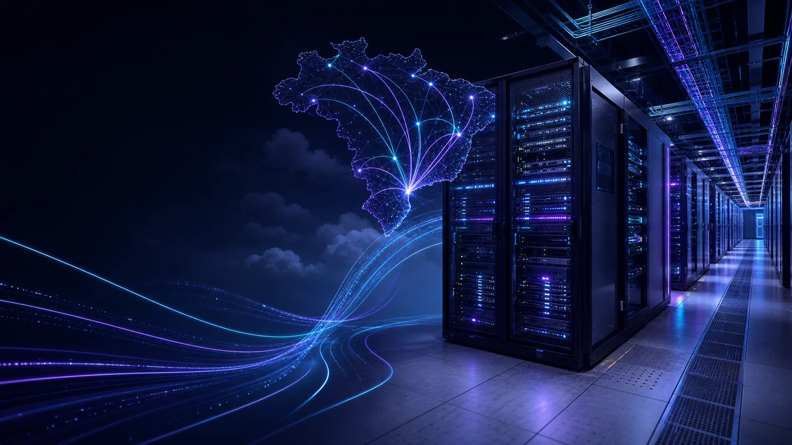 Datacenter com mapa luminoso do Brasil e rotas de rede conectadas a São Paulo